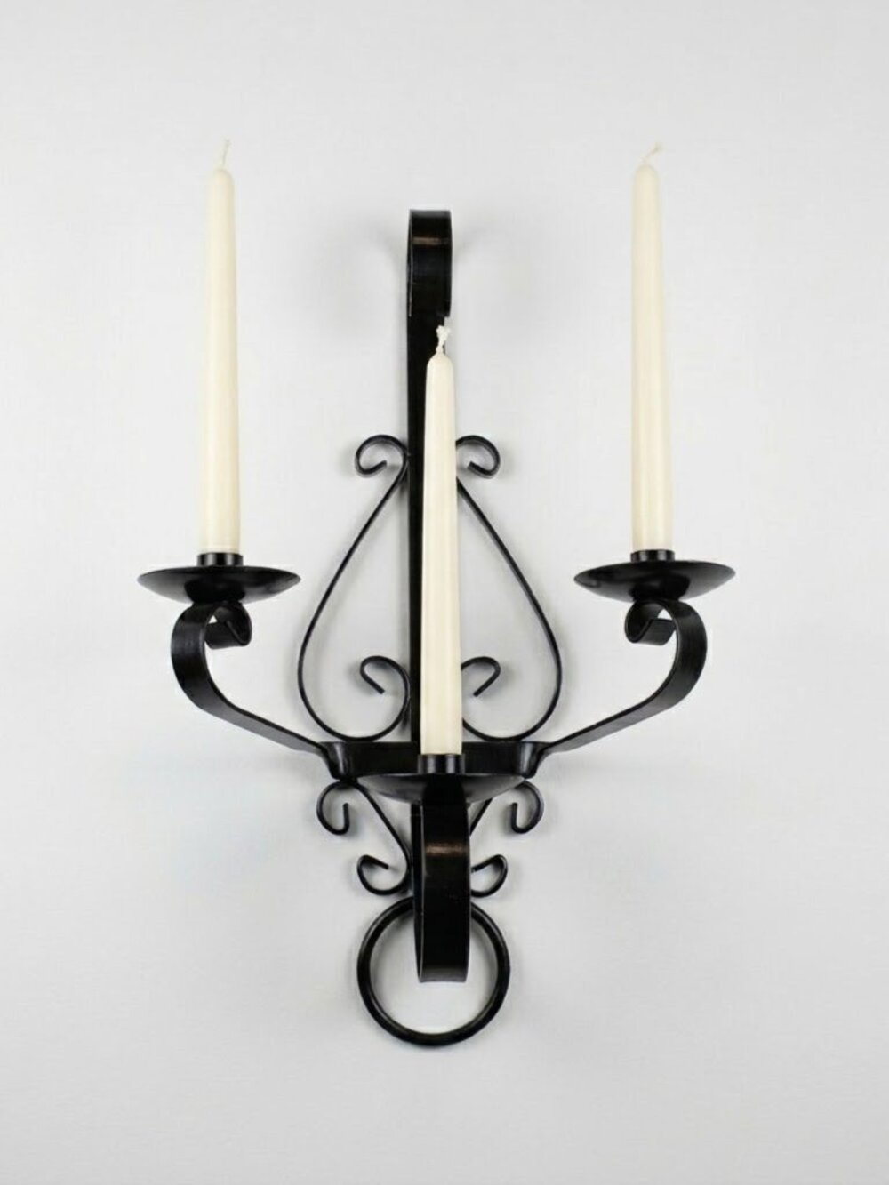 Vintage Black Iron 3 Arm Wall Sconce Candle Holder Mid Century Modern Scroll MCM